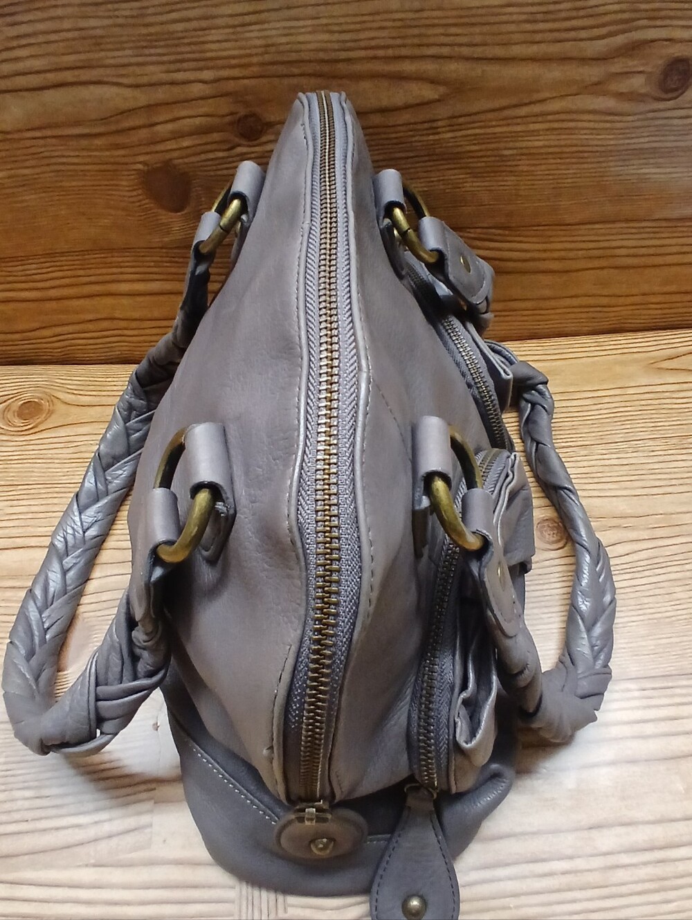 Isabella Fiore Taupe Braided-Handle Shoulder Bag with Front Bows